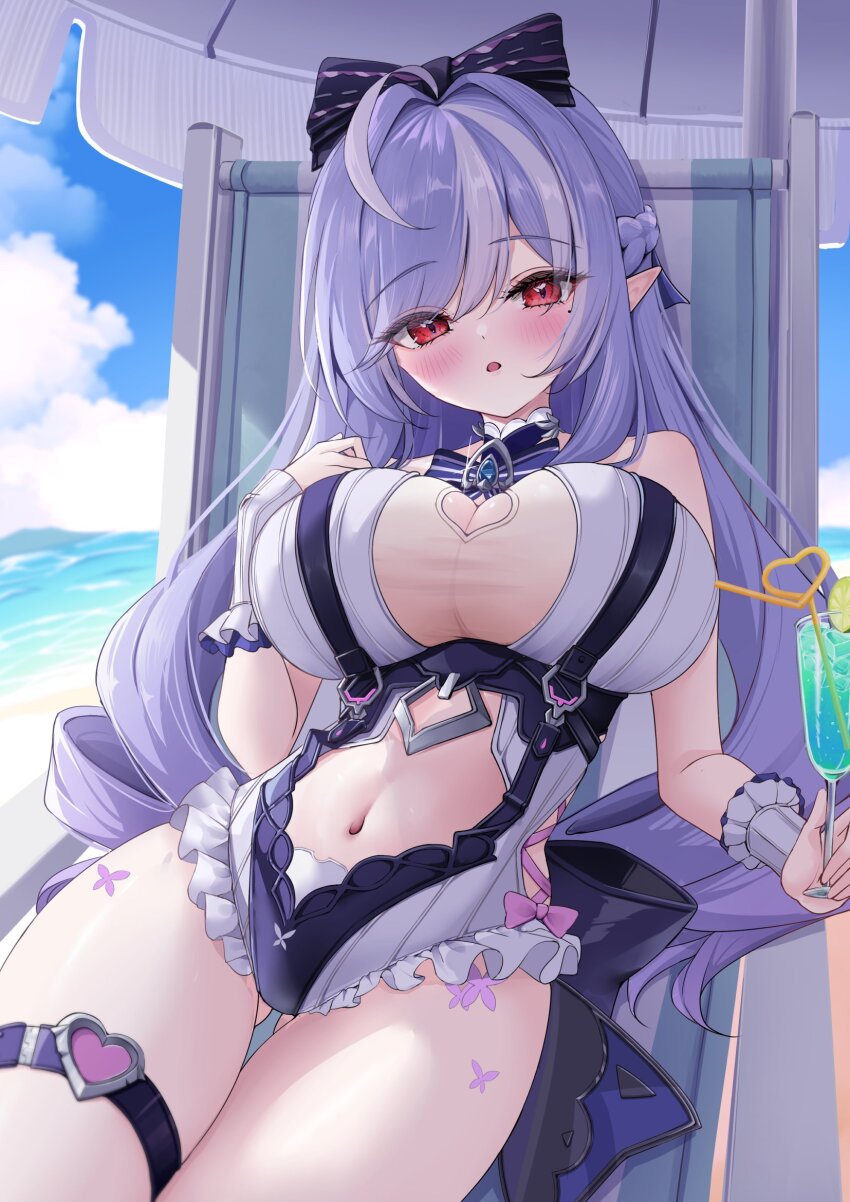 1girl balut_(7676i) beach blue_sky blush breasts commentary cup day drill_hair highres holding holding_cup large_breasts long_hair looking_at_viewer navel official_alternate_costume one-piece_swimsuit pointy_ears purple_hair red_eyes sitting sky solo stomach swimsuit thigh_strap vivian_banshee vivian_banshee_(iris_of_the_shore) white_one-piece_swimsuit zenless_zone_zero