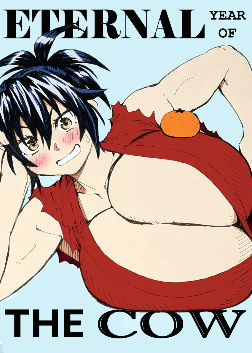 1girl asymmetrical_breasts blue_hair blush breasts cleavage food fruit gigantic_breasts highres huge_breasts japanese_clothes kimono konchiki lying manyuu_chifusa manyuu_hikenchou new_year on_side orange_(fruit) pen_(medium) photo_(medium) ponytail smile traditional_media upper_body well_endowed
