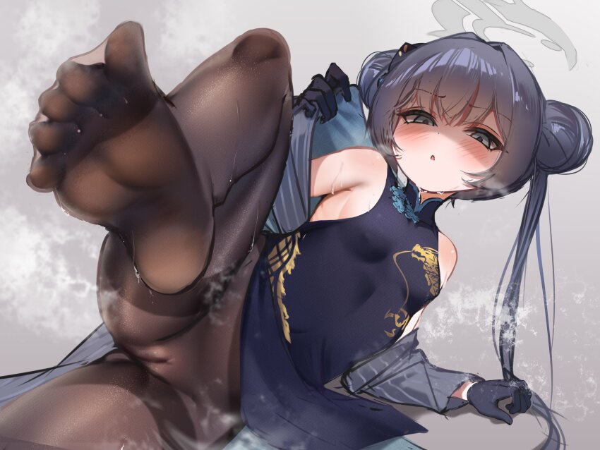 1girl absurdres armpit_crease bare_shoulders black_dress black_gloves black_hair black_jacket black_pantyhose blue_archive blush breasts cameltoe china_dress chinese_clothes clothing_aside covered_erect_nipples dot_nose double_bun dragon_print dress feet foot_focus gloves grey_background grey_eyes hair_bun halo highres jacket jacket_partially_removed kisaki_(blue_archive) knees_up leg_up loli long_hair looking_at_viewer lying mandarin_collar mashiropp no_panties on_side open_mouth pantyhose pelvic_curtain pelvic_curtain_aside pinstripe_jacket pinstripe_pattern presenting_foot sideboob sleeveless sleeveless_dress small_breasts smell soles solo steaming_body sweat tsurime