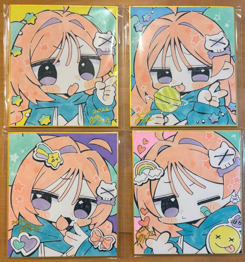 1girl :3 :d :o :p ahoge ako-chan_(notamaru_2) bandaid bandaid_on_cheek bandaid_on_face blush_stickers bow candy closed_mouth commentary_request fang food green_hoodie green_horns hair_intakes hair_ornament hand_up highres holding holding_candy holding_food holding_lollipop hood hood_down hoodie horns lollipop long_hair long_sleeves looking_at_viewer multiple_views notamaru_2 one_eye_closed open_mouth orange_bow orange_hair original portrait purple_eyes rainbow shikishi skin_fang skull_hair_ornament smile star_(symbol) tongue tongue_out traditional_media v v-shaped_eyebrows wispy_bangs