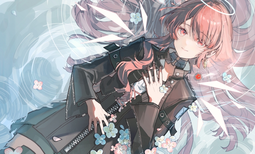 1girl absurdres arknights arm_belt black_coat black_skirt blue_flower cherry chinese_commentary choker coat commentary_request cowboy_shot earrings fingernails flower food fruit hair_spread_out halo hand_on_own_chest highres in_water jewelry koroy lemuen_(arknights) long_hair long_sleeves looking_at_viewer lying on_back parted_bangs pink_eyes pink_flower pink_hair shirt skirt smile solo thighhighs white_choker white_flower white_shirt zettai_ryouiki zipper