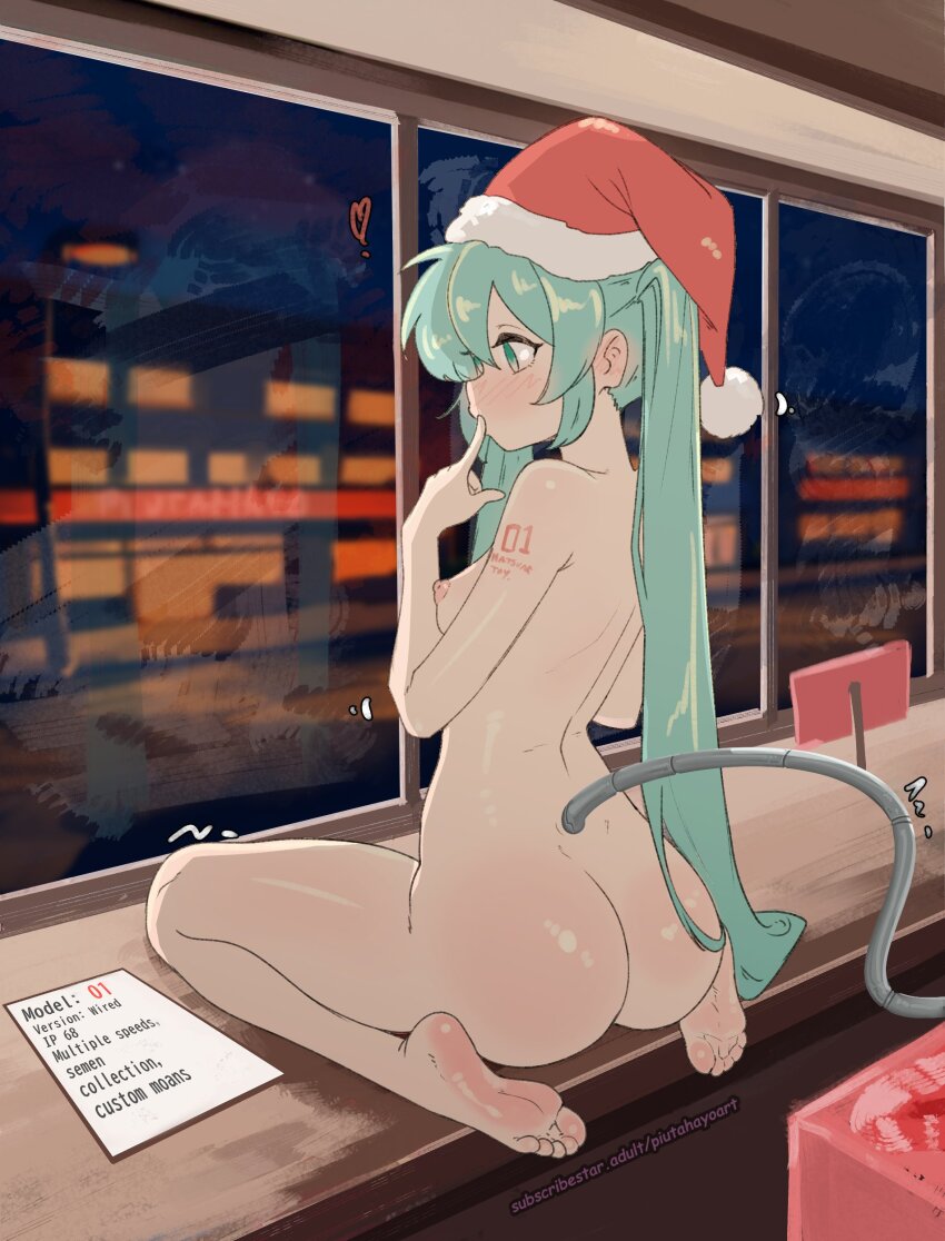 1girl absurdres ass barefoot breasts christmas commentary completely_nude english_commentary feet finger_to_mouth hat hatsune_miku heart highres long_hair nipples nude piutahayo santa_hat sitting small_breasts soles solo twintails vocaloid wariza