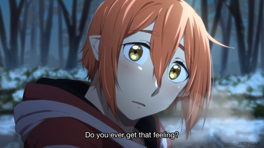 1boy artifedex breath commentary english_commentary english_text forest hood hoodie male_focus nature orange_hair original pointy_ears portrait red_hoodie solo subtitled yellow_eyes