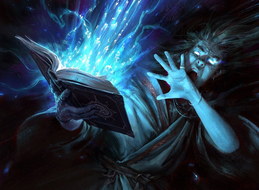 1boy andrewkmar blank_eyes book grimoire holding holding_book magic magic:_the_gathering open_book open_mouth robe solo