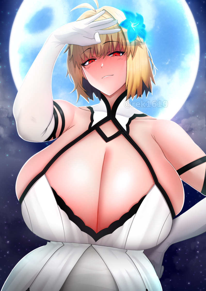1girl alternate_breast_size_(larger) arcueid_brunestud arcueid_brunestud_(clad_in_glacier) bare_shoulders black_ribbon blonde_hair blue_moon blush breast_focus breasts dress elbow_gloves flower full_moon gloves hair_flower hair_ornament hand_on_own_forehead hand_on_own_hip highres looking_at_viewer moon night official_alternate_costume red_eyes rek1610 ribbon short_hair smile tsukihime tsukihime_(remake) white_dress white_gloves