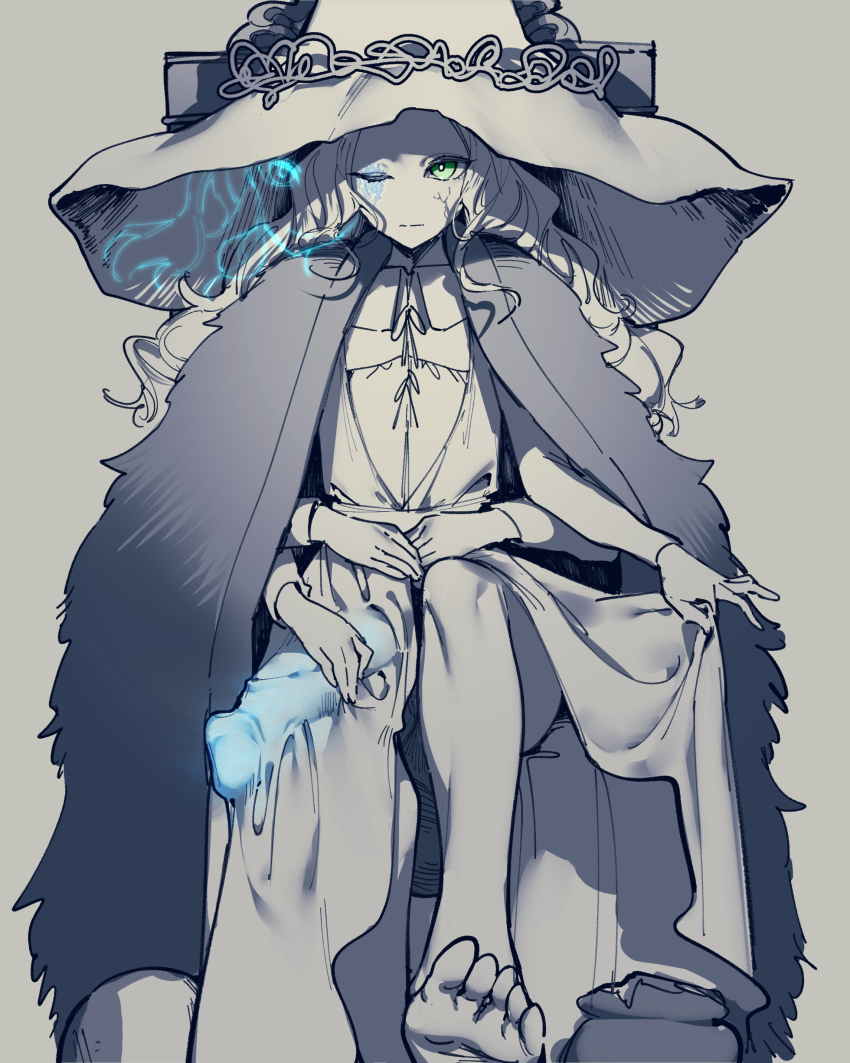 1futa absurdres clothes clothes_grab elden_ring expressionless extra_arms feet fromsoftware futanari green_eyes hat highres huge_penis large_penis long_hair looking_at_viewer mirin_chikuwa one_eye_closed penis ranni_the_witch solo toes toes_up witch witch_hat