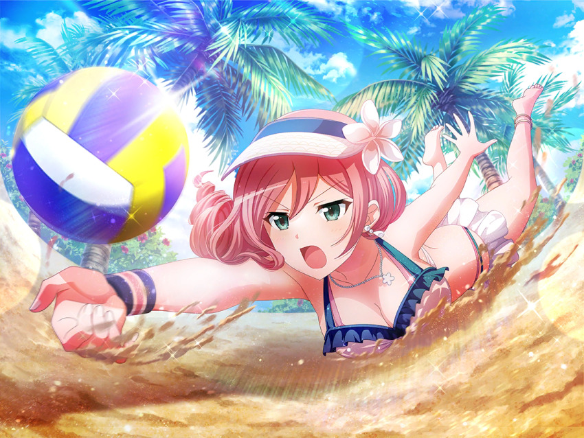 1girl beach_volleyball bikini breasts cleavage drill_hair earrings frilled_bikini frills game_cg green_eyes jewelry medium_breasts necklace official_art open_mouth palm_tree pink_bikini pink_hair sand shoujo_kageki_revue_starlight shoujo_kageki_revue_starlight_-re_live- solo swimsuit tree tsuruhime_yachiyo v-shaped_eyebrows visor_cap volleyball