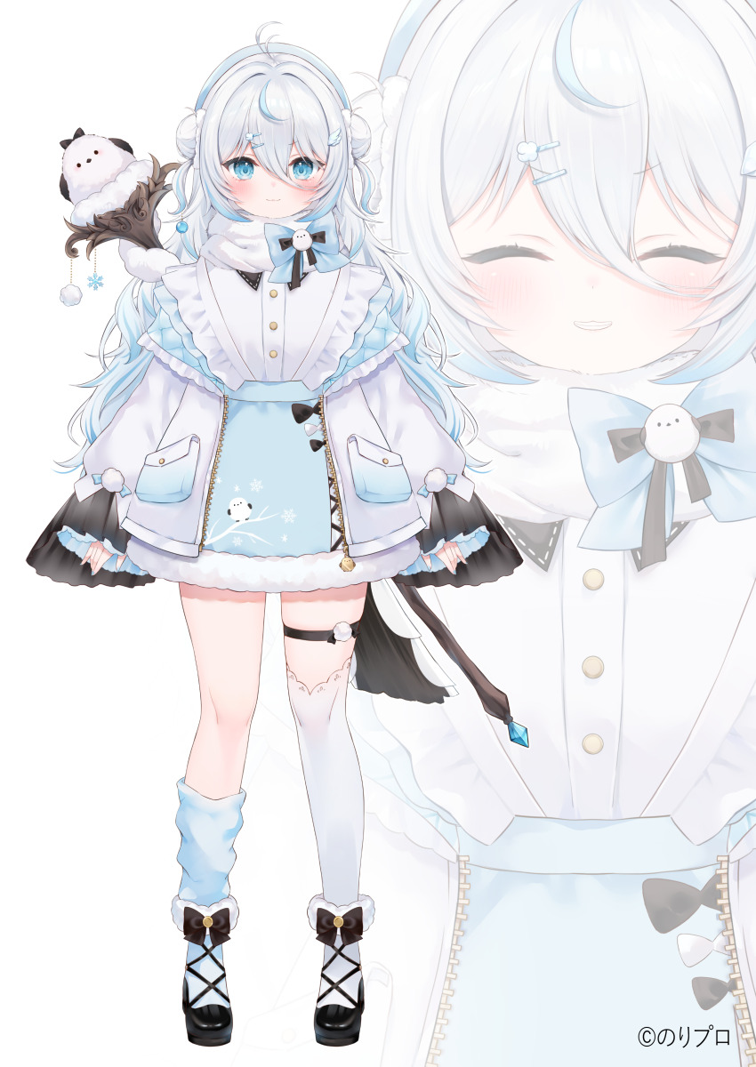 1girl absurdres bird blue_eyes full_body grey_hair highres long-tailed_tit long_sleeves noripro rucaco sleeves_past_wrists tit_(bird) virtual_youtuber white_background white_hair yukinose_kumochi zoom_layer