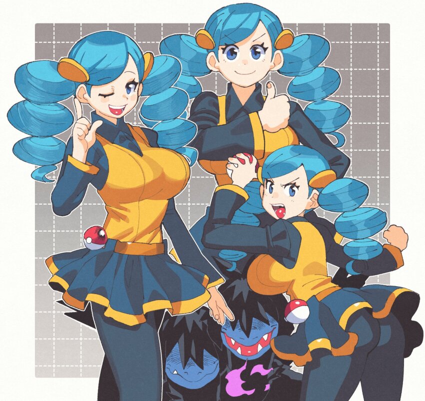 1girl ace_trainer_(female)_(pokemon_bw) ace_trainer_(pokemon) ass belt black_pantyhose black_shirt black_skirt blue_eyes blue_hair breasts breath_weapon breathing_fire clenched_hand collared_shirt commentary cowboy_shot dragon drill_hair english_commentary fingernails fire from_behind gen_5_pokemon hair_ornament hand_up hands_up highres holding holding_poke_ball index_finger_raised inkerton-kun large_breasts long_hair long_sleeves looking_at_viewer looking_back miniskirt multiple_heads multiple_views nintendo one_eye_closed open_mouth orange_vest pantyhose poke_ball poke_ball_(basic) pokemon pokemon_(creature) pokemon_bw purple_fire shirt skirt smile teeth thumbs_up twin_drills upper_teeth_only v-shaped_eyebrows vest waist_poke_ball zweilous