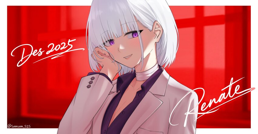 1girl artist_name bandaged_neck bandages blush collared_shirt commentary dated girls'_frontline grin highres jacket official_alternate_costume purple_eyes purple_shirt red_background rpk-16_(girls'_frontline) rpk-16_(renate)_(girls'_frontline) samsam_s2s shirt short_hair smile solo teeth twitter_username white_background white_hair white_jacket