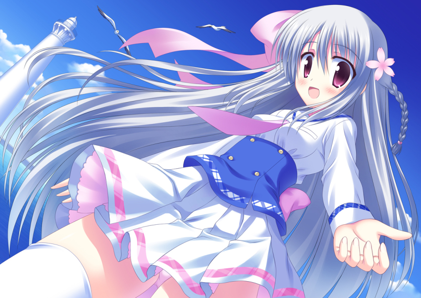 1girl :d back_bow bird blue_corset blue_sky blush bow braid breasts buttons cloud commentary_request corset cowboy_shot day double-breasted dutch_angle flower hair_between_eyes hair_bow hair_flower hair_ornament hinata_keiichi lighthouse long_hair long_sleeves looking_at_viewer medium_breasts miniskirt ocean open_hand open_mouth original outdoors panties pantyshot pink_bow pink_flower pink_panties pleated_skirt purple_eyes reaching reaching_towards_viewer school_uniform seagull shirt side_braid skirt sky smile solo standing taut_clothes taut_shirt thighhighs top_of_moe_2013 underwear upskirt very_long_hair white_hair white_shirt white_skirt white_thighhighs