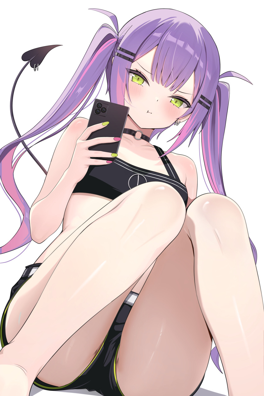 1girl absurdres belt black_choker black_shorts black_tank_top breasts cellphone center-flap_bangs choker colored_inner_hair commentary_request crop_top demon_girl demon_tail double-parted_bangs gradient_hair green_eyes green_nails hair_ornament hairclip highres holding holding_phone hololive knees_together_feet_apart knees_up long_hair looking_at_viewer multicolored_hair nail_polish nekonosuke o-ring o-ring_choker paid_reward_available parallel_hairclips phone piercing pink_hair pink_nails pointy_ears pout purple_hair short_shorts shorts simple_background sitting small_breasts smartphone solo tail tail_ornament tail_piercing tank_top tokoyami_towa tokoyami_towa_(1st_costume) twintails virtual_youtuber white_background white_belt