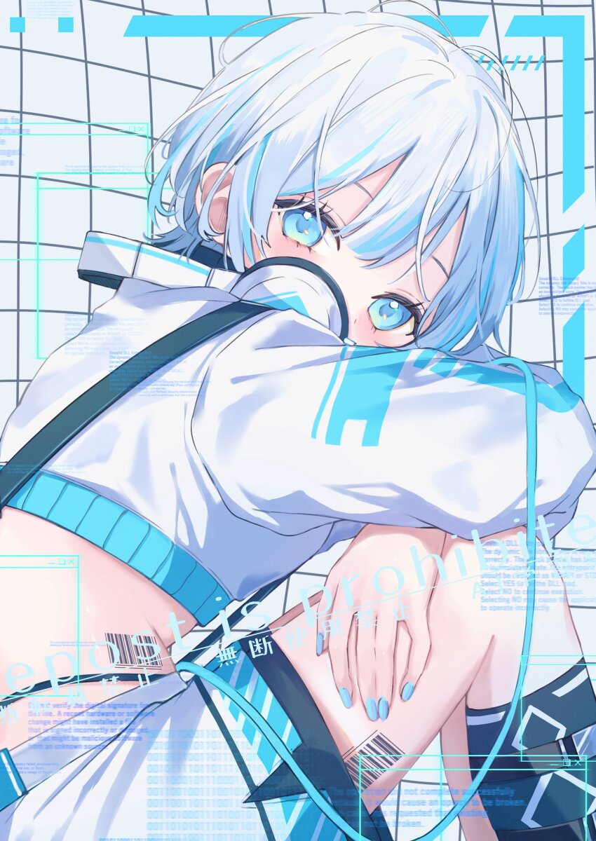 1girl absurdres barcode barcode_tattoo blue_eyes blue_hair blue_nails commentary cropped_jacket headphones headphones_around_neck highres jacket leg_tattoo long_sleeves looking_at_viewer midriff multicolored_hair nekotora_(nekotora0116) original short_hair shorts sitting solo streaked_hair symbol-only_commentary tattoo white_hair white_jacket white_shorts