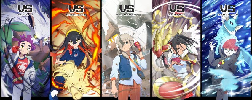 2boys 3girls absurdres arven_(pokemon) black-framed_eyewear black_hair black_hoodie black_sclera blue_hair blue_jacket blue_pants blue_vest breasts carmine_(pokemon) character_name closed_mouth colored_sclera commentary_request crossed_bangs fire garganacl gen_1_pokemon gen_3_pokemon gen_7_pokemon glasses gloves glowing glowing_eyes green_hair grey_hair hair_over_one_eye highres hood hood_down hoodie jacket kieran_(pokemon) kommo-o long_hair long_sleeves looking_at_viewer mole mole_on_neck mole_under_eye multicolored_hair multiple_boys multiple_girls naranja_academy_school_uniform necktie nemona_(pokemon) ninetales nintendo open_clothes open_jacket pants partially_fingerless_gloves penny_(pokemon) pointing pointing_at_viewer poke_ball_print pokemon pokemon_sv ponytail red_gloves red_hair red_tank_top school_uniform shiftry shirt short_hair single_glove tank_top tli_eilt_pk vaporeon vest water_drop white_jacket white_shirt yellow_eyes