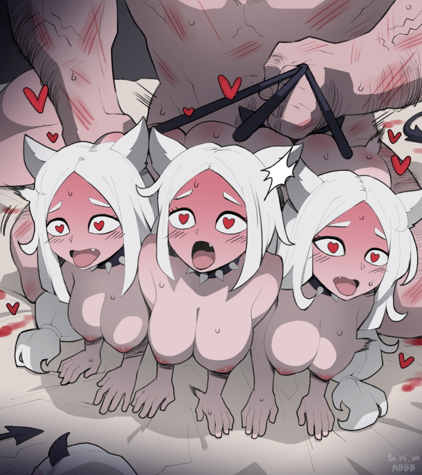 1boy 4girls ah-lyong_lee ahegao animal_ears ass black_horns black_tail blush cerberus_(helltaker) choker demon_horns demon_tail dog_ears dog_girl doggystyle fang full-face_blush group_sex heart heart-shaped_pupils helltaker helltaker_(character) highres horns korean_commentary manly modeus_(helltaker) multiple_girls nipples nude open_mouth out_of_frame scar sex sex_from_behind shared_sense spiked_choker spikes sweat symbol-shaped_pupils tail tail_grab tongue tongue_out triplets
