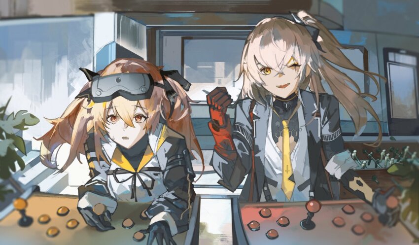 2girls black_gloves brown_hair crossed_bangs girls'_frontline girls'_frontline_2:_exilium gloves hair_between_eyes lenna_(girls'_frontline_2) leva_(girls'_frontline_2) long_hair long_sleeves looking_at_viewer mechanical_arms multiple_girls necktie open_mouth parted_lips ponytail red_eyes saturn_(saturn_illus) scar scar_across_eye scar_on_face single_mechanical_arm sleeves_rolled_up smile twintails ump45_(girls'_frontline) ump9_(girls'_frontline) yellow_necktie