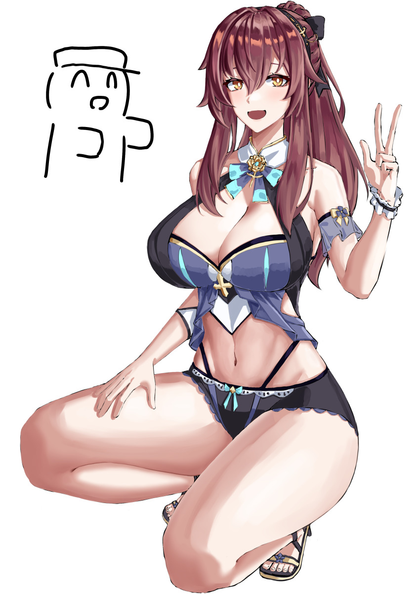 1boy 1girl absurdres black_bodysuit black_shorts bodysuit breasts brown_hair captain_(honkai_impact) cleavage commentary_request eden_(honkai_impact) highres honkai_(series) honkai_impact_3rd korean_commentary large_breasts long_hair looking_at_viewer midriff navel open_mouth pyeong_il sandals shorts simple_background smile squatting thighs toes v white_background yellow_eyes