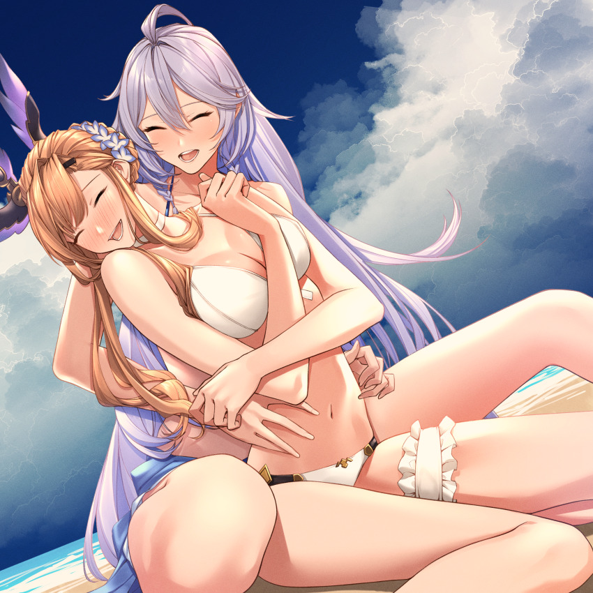 2girls absurdres ahoge beach breasts brown_hair closed_eyes cloud cloudy_sky commentary flower granblue_fantasy hair_flower hair_ornament highres medium_breasts multiple_girls navel purple_hair silva_(granblue_fantasy) sky soluna_(so_lu_na) swimsuit thigh_strap tweyen_(granblue_fantasy) yuri