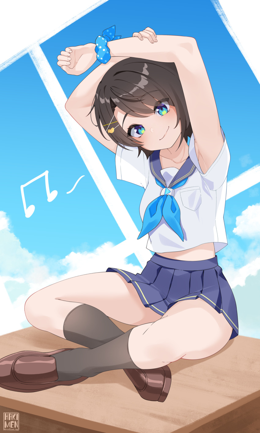 1girl absurdres armpits arms_up beamed_eighth_notes black_hair black_socks blue_eyes blue_neckerchief blue_sailor_collar blue_skirt blue_sky brown_shoes closed_mouth commentary desk full_body hair_ornament hairclip hakimen highres hololive indian_style kneehighs loafers midriff_peek miniskirt musical_note neckerchief on_desk oozora_subaru pleated_skirt sailor_collar school school_uniform scrunchie serafuku shirt shoes short_hair short_sleeves sitting skirt sky smile socks solo stretching swept_bangs virtual_youtuber white_shirt wrist_scrunchie x_hair_ornament