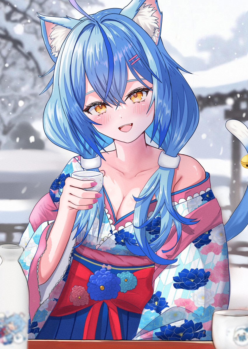 1girl absurdres ahoge animal_ear_fluff animal_ears bell blue_hair blue_kimono blush breasts cat_ears cat_girl cat_tail choko_(cup) cleavage collarbone commentary_request cup fingernails floral_print floral_print_kimono hakama hakama_skirt highres holding holding_cup hololive japanese_clothes kimono long_hair looking_at_viewer mizoleoekaki nail_polish off_shoulder open_mouth pink_nails print_kimono single_off_shoulder skirt smile snow snowing solo tail tail_bell tail_ornament twintails virtual_youtuber yellow_eyes yukihana_lamy yukihana_lamy_(new_year)