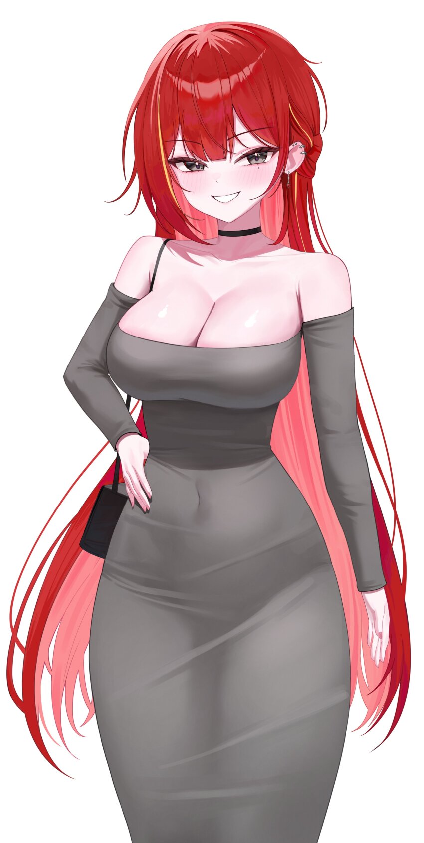 1girl absurdres akane_lize armpit_crease bag bare_shoulders black_choker black_eyes breasts choker cleavage collarbone colored_inner_hair covered_navel dongtan_dress dress earrings grin hand_on_own_hip hashtag-only_commentary highres jewelry large_breasts long_hair long_sleeves looking_at_viewer mole mole_under_eye multicolored_hair pink_hair poppo_myupunk98 red_hair shoulder_bag sidelocks simple_background smile solo spaghetti_strap standing stellive strapless strapless_dress streaked_hair very_long_hair virtual_youtuber white_background
