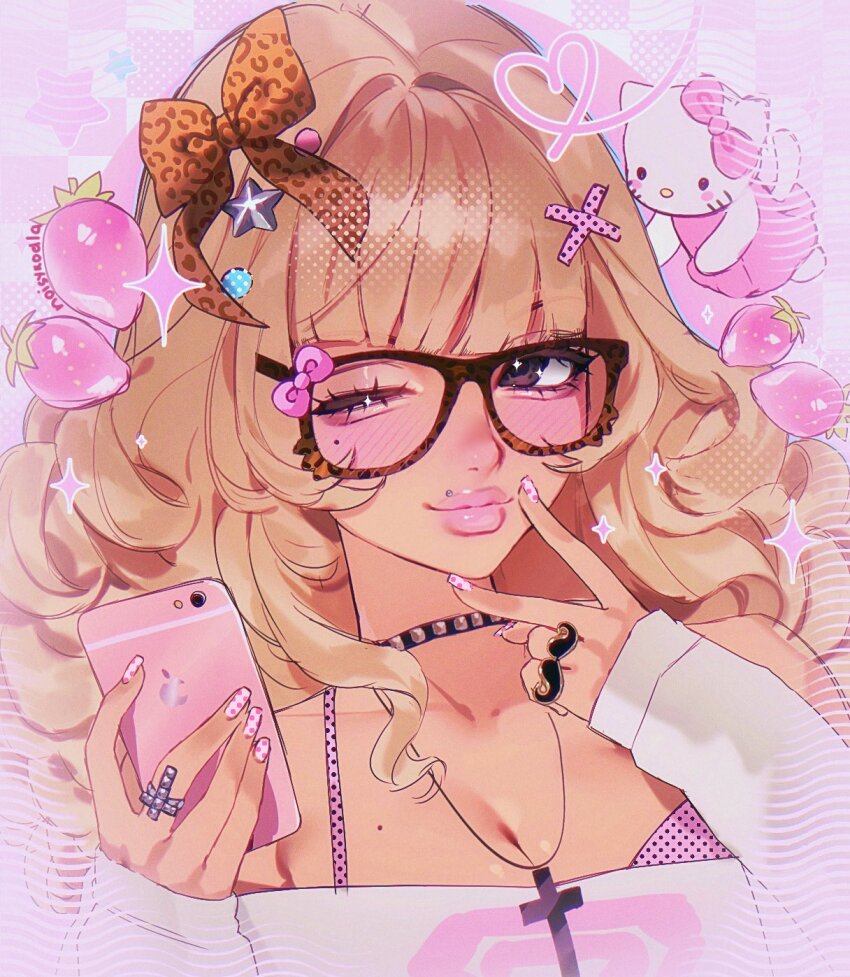 1girl aegyo_sal animal_print apple_inc. artist_name black_choker blonde_hair blue_outline blunt_bangs blush border bow bra bra_peek breasts brown_bow brown_eyes cellphone checkered_background choker chromatic_aberration cleavage closed_mouth commentary cross cross_necklace curly_ends curly_hair drawn_heart eyelashes eyewear_bow face_piercing fake_facial_hair fake_mustache fashion film_grain flipped_sidelocks floating_character floating_food food four-pointed_star fruit gold_ring hair_bow hair_ornament halftone halftone_background hello_kitty_(character) highres holding holding_phone inward_flipped_hair inward_w iphone iphone_5s jewelry leopard_print light_smile lipgloss looking_at_viewer medium_breasts mole mole_under_eye mouth_piercing nail_art necklace noisykoala off-shoulder_shirt off_shoulder one_eye_closed original ornate_border ornate_ring outline phone piercing pink_background pink_bow pink_bra pink_lips pink_nails pink_theme polka_dot polka_dot_bra polka_dot_nails portrait print_bow print_eyewear ring shirt silver_ring sketch sleeves_past_wrists smartphone sparkle star_(symbol) star_hair_ornament star_symbol_background strawberry studded_choker studded_ring symbol-only_commentary tan two-tone_background underwear white_background white_shirt x_hair_ornament