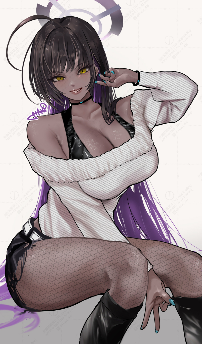 1girl ahoge bare_shoulders black_boots black_hair black_shorts blue_archive boots breasts choker cleavage collarbone commentary_request fishnet_pantyhose fishnets gradient_hair halo havi highres karin_(blue_archive) large_breasts long_hair looking_at_viewer multicolored_hair off-shoulder_sweater off_shoulder pantyhose purple_hair purple_halo shorts sitting smile solo sweater v very_long_hair white_sweater wristband yellow_eyes