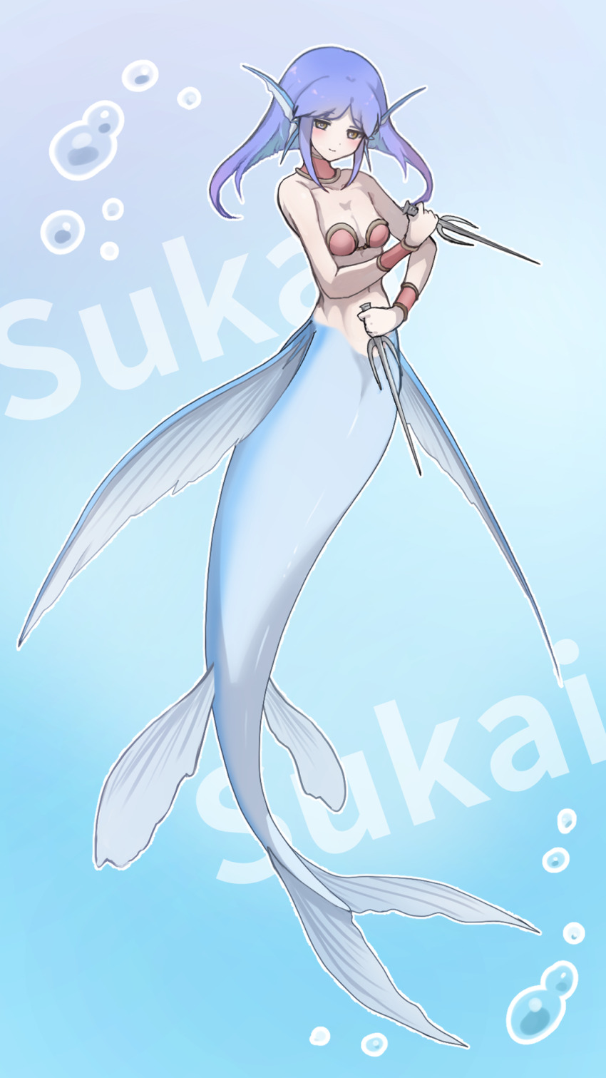 1girl air_bubble armor bare_shoulders bikini bikini_armor blue_background blue_hair blush breasts brown_eyes bubble character_name cleavage closed_mouth collar collarbone commentary_request dual_wielding fins full_body head_fins highres holding komena_(shinyday312) looking_at_viewer medium_hair mermaid monster_girl navel original parted_bangs red_bikini red_collar sai_(weapon) sidelocks small_breasts smile solo stomach swimsuit underwater weapon wristband