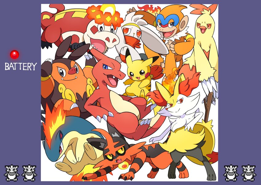 :d absurdres battery_indicator black_eyes blue_eyes braixen bright_pupils charmeleon claws combusken commentary_request crocalor fangs fangs_out gen_1_pokemon gen_2_pokemon gen_3_pokemon gen_4_pokemon gen_5_pokemon gen_6_pokemon gen_7_pokemon gen_8_pokemon highres looking_up monferno nintendo no_humans open_mouth pignite pikachu pokemon pokemon_(creature) pokemon_focus pon_yui quilava raboot smile standing stick tongue torracat white_pupils