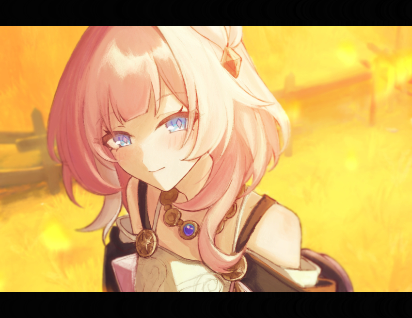 1girl bare_shoulders blue_eyes breasts coat commentary_request cyrene_(honkai:_star_rail) cyrene_(philia093)_(honkai:_star_rail) dress hair_ornament highres honkai:_star_rail honkai_(series) jewelry letterboxed looking_at_viewer multicolored_hair mykytk necklace outdoors pink_hair purple_coat short_hair small_breasts smile solo two-tone_hair upper_body white_dress white_hair