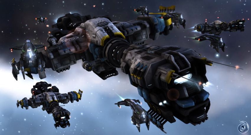 3d artist_logo commentary dark_background english_commentary eve_online fleet flying glowing hauler_(eve_online) hauling_ship_(eve_online) highres logo no_humans outdoors outer_ring_excavations_(eve_online) primae_(eve_online) radio_antenna realistic science_fiction space spacecraft special_edition_ship_(eve_online) star_(sky) starry_sky_background thrusters vankaiser vehicle_focus