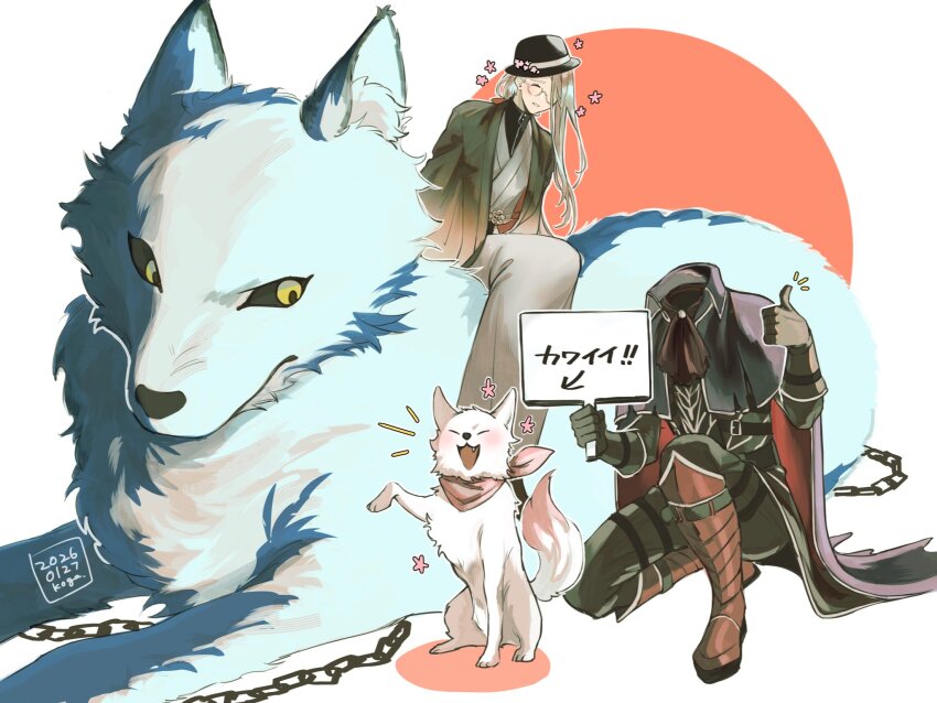 animal ascot bandana bandana_around_neck black_cape black_capelet black_gloves black_haori black_shirt boots brown_boots cape capelet chain closed_eyes clothed_animal dog fate/grand_order fate_(series) fedora flower gk0213 gloves grey_kimono hair_between_eyes hair_over_one_eye hanasaka_no_okina_(fate) haori hat hat_flower headless hessian_(fate) highres japanese_clothes kimono lobo_(fate) long_hair_between_eyes long_sidelocks low_ponytail oversized_animal pink_bandana ponytail red_ascot riding riding_animal round_eyewear shirt shirt_under_kimono sidelocks single_sidelock sitting smile thumbs_up white_dog white_hair wolf yellow_eyes