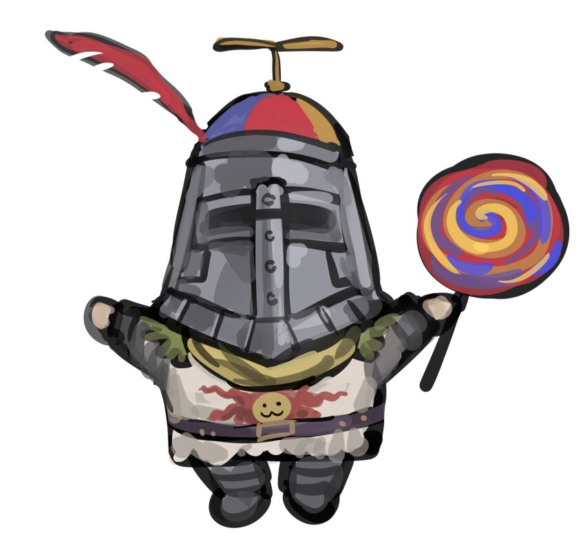 1boy armor arms_up belt belt_buckle buckle candy commentary commission dark_souls_(series) dark_souls_i english_commentary food full_body greaves hanny_(uirusu_chan) hat helm helmet highres holding holding_candy holding_food knight lollipop male_focus outstretched_arms plume propeller_hat scarf simple_background solaire_of_astora solo standing swirl_lollipop tabard white_background yellow_scarf