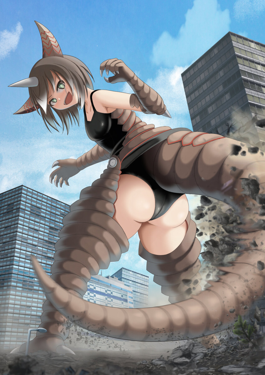 1girl ass blue_sky breasts building city cloud day destruction dewclaw dinosaur dust elbow_spikes giant giant_monster giantess gomora green_eyes highres horns kaiju kaiju_girls kuroda_mikazuki lamppost monster_girl no_pupils one-piece_swimsuit personification road short_hair simple_background sky skyscraper small_breasts smile street studio_puyukai swimsuit tail thick_thighs thighs tree tsuburaya_productions ultra_series ultraman_(1st_series) wedgie yamakazema