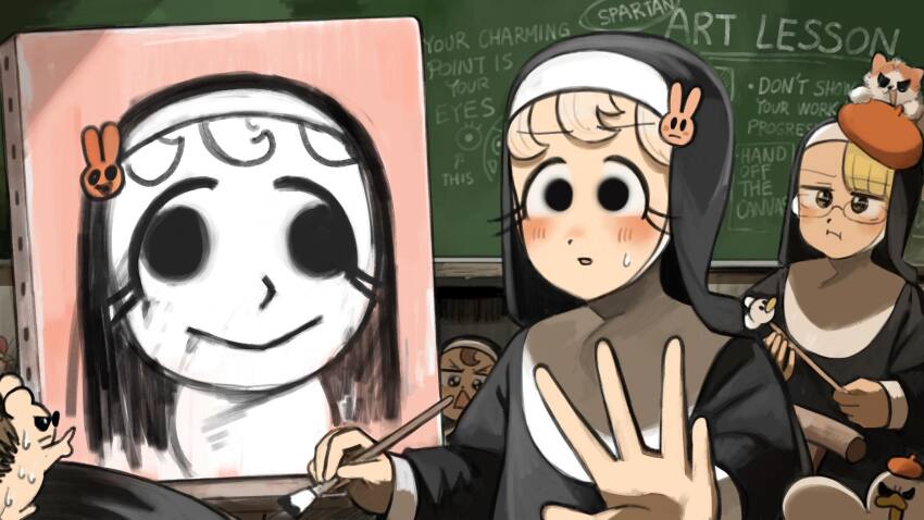 4girls animal animal_on_head beret bespectacled bird black_eyes blonde_hair blush brown_hair bunny_nun_(diva) cat cat_on_head chalkboard chicken commentary diva_(hyxpk) duck english_commentary eyelashes froggy_nun_(diva) glasses glasses_nun_(diva) grey_hair hair_ornament hat hedgehog highres little_nuns_(diva) multiple_girls nun on_head paintbrush painting_(object) portrait_(object) rabbit_hair_ornament red_hat spicy_nun_(diva) traditional_nun triangle_mouth yellow_eyes