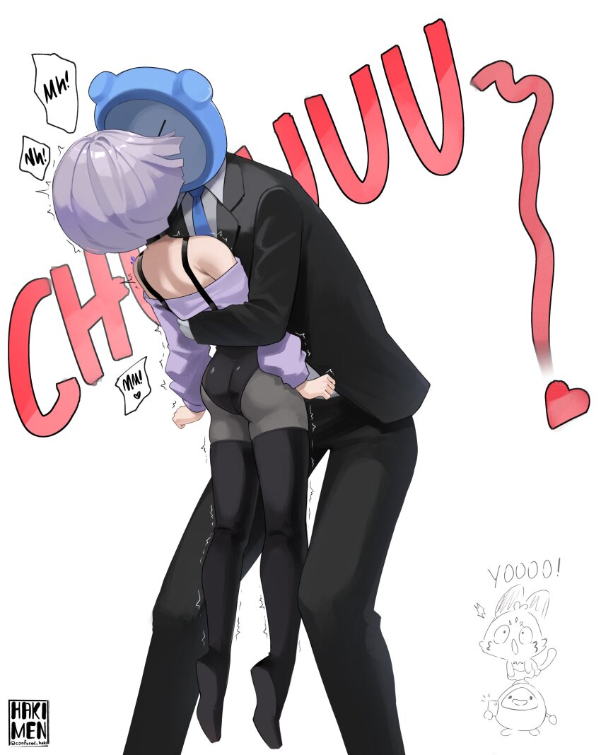1boy 1other absurdres artist_name black_jacket black_pants black_pantyhose black_shorts black_suspenders blue_necktie boots chattino_(raora_panthera) chibi chibi_inset collared_shirt commentary dress english_commentary formal_clothes hakimen hanging_legs height_difference highres hololive hololive_english hug jacket kiss kronie_(ouro_kronii) lifting_person necktie object_head off-shoulder_dress off_shoulder otomo_(cecilia_immergreen) pants pantyhose pebble_(koseki_bijou) purple_dress purple_hair shirt short_hair shorts simple_background sound_effects speech_bubble suit taking_picture thigh_boots trembling twitter_username underwear virtual_youtuber white_background white_dress white_shirt