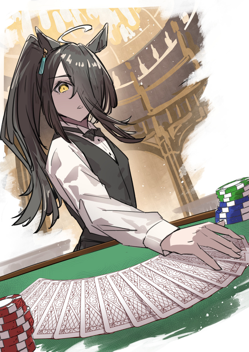1girl absurdres ahoge animal_ears black_bow black_bowtie black_hair black_pants black_vest bow bowtie card casino casino_card_table commentary_request ear_tag earrings gambling hair_between_eyes highres horse_ears horse_girl jewelry long_bangs long_hair long_hair_between_eyes long_sleeves looking_at_viewer manhattan_cafe_(umamusume) mitsune_(3chune) multicolored_hair pants playing_card poker_chip poker_table ponytail shirt single_earring solo table umamusume very_long_hair vest white_hair white_shirt yellow_eyes