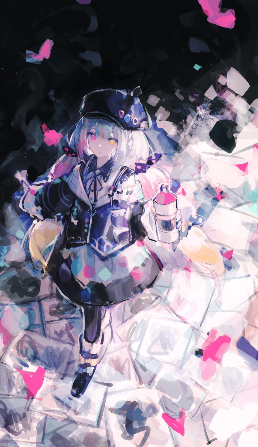 1girl absurdres artist_painter beret black_jacket black_shoes black_skirt bow bug butterfly closed_mouth drawing_(object) from_above full_body hat heterochromia highres holding holding_spray_can insect jacket jogasaki_noah long_hair long_sleeves looking_at_viewer mahou_shoujo_no_majo_saiban multi-tied_hair multicolored_hair neck_ribbon paper polka_dot polka_dot_bow ribbon shoes skirt solo spray_can standing streaked_hair white_hair yaoyuandehuanxiangting yellow_eyes