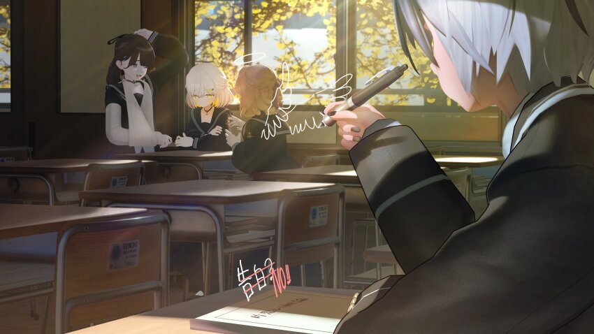 1boy 3d 3girls absurdres arm_up black_hair black_nails black_sailor_collar black_shirt cast chair classroom closed_mouth commentary day desk drawing_(action) drawn_halo drawn_wings english_commentary grey_eyes grey_hair halo highres holding holding_pen indoors layered_sleeves light_rays long_hair long_sleeves madofukin medium_hair multiple_girls nail_polish open_mouth orange_hair original pen sailor_collar sailor_shirt school_chair school_desk school_uniform shirt short_hair sitting standing sunbeam sunlight translation_request window yellow_eyes