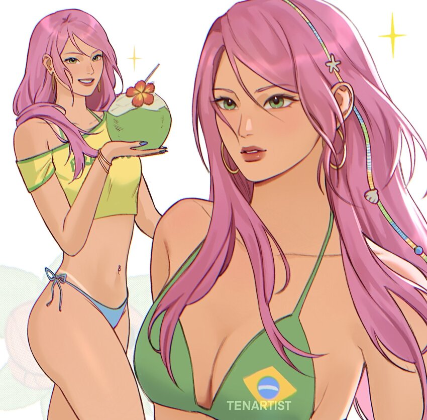 1girl alternate_costume alternate_hairstyle alternate_skin_color artist_name bikini blue_nails blue_panties bra_strap bracelet brazilian_flag brazilian_flag_bikini brazilian_flag_print breasts chromatic_aberration coconut_cup commentary cowboy_shot cup earrings english_commentary eyelashes flag_print flag_print_bikini flower gold_bracelet gold_earrings green_eyes green_trim hair_behind_ear hair_ornament hair_over_shoulder haruno_sakura highleg highleg_panties highres holding holding_cup hoop_earrings jewelry long_hair looking_ahead looking_at_viewer medium_breasts multiple_views naruto_(series) navel_piercing panties parted_lips piercing pink_hair print_bikini red_flower shell shell_hair_ornament shirt side-tie_panties single_bare_shoulder smile sparkle starfish_hair_ornament swept_bangs swimsuit t-shirt tan tanline teeth tenartistt underwear upper_body walking watermark yellow_shirt