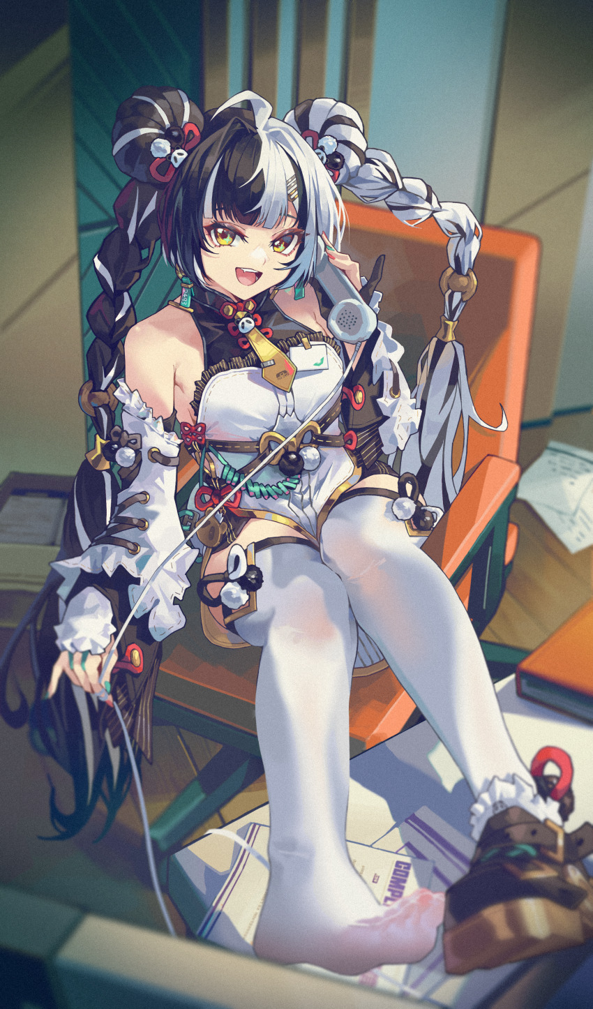 1girl absurdres ahoge animal_print aqua_nails bare_shoulders bear_print black_hair blush braid braided_twintails chair china_dress chinese_clothes collarbone commentary_request corded_phone dialyn_(zenless_zone_zero) dress earrings fr-ee-dom full_body hair_extensions hair_ornament hairclip hand_up highres holding holding_phone id_card indoors jewelry long_hair looking_at_viewer multicolored_hair necktie on_chair open_mouth panda_hair_ornament panda_print paper parted_lips phone ring_hair_extensions sitting smile solo split-color_hair teeth thighhighs upper_teeth_only white_hair white_thighhighs yellow_eyes yellow_necktie zenless_zone_zero