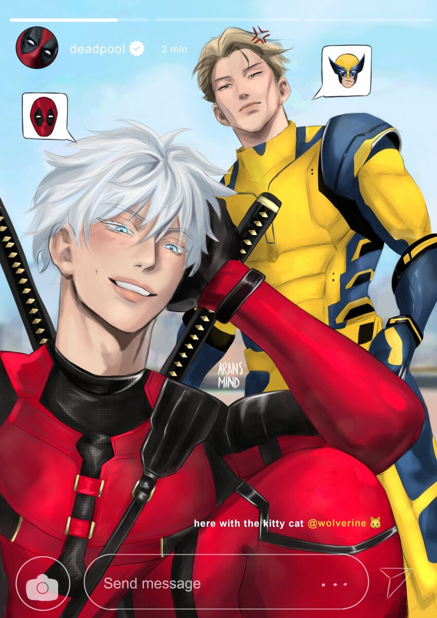 2boys :d :| absurdres anger_vein aransmind artist_name blonde_hair blue_eyes blue_sky blush bodysuit brown_eyes cheekbones closed_mouth colored_eyelashes cosplay deadpool deadpool_&amp;_wolverine deadpool_(cosplay) deadpool_(movie) deadpool_(series) emoji english_text gojou_satoru hand_on_own_head highres ibispaint_(medium) instagram instagram_story jujutsu_kaisen katana looking_at_another looking_down marvel multiple_boys nanami_kento no_mask open_mouth profile_picture red_bodysuit selfie sky smile speech_bubble squatting standing superhero_costume sword weapon white_eyelashes white_hair wolverine_(x-men) wolverine_(x-men)_(cosplay) x-men x-men_film_series yellow_bodysuit