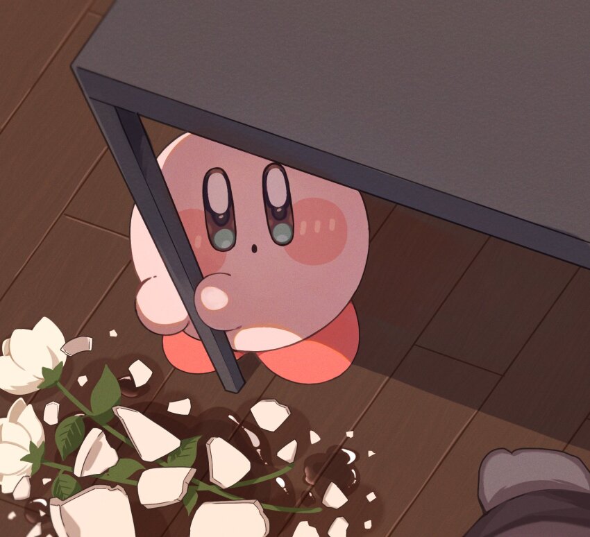 blue_eyes blush_stickers broken commentary flower highres indoors kirby kirby_(series) looking_at_viewer nintendo pov table tokkakyou vase white_flower wooden_floor