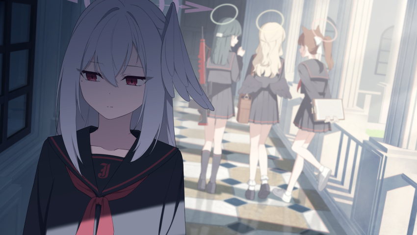 4girls alternate_costume animal_ears arms_behind_back bag black_sailor_collar black_shirt black_shoes black_skirt black_socks black_wings blonde_hair blue_archive brown_bag brown_hair clipboard closed_mouth commentary cosplay faceless faceless_female feathered_wings green_hair grey_hair hair_between_eyes half_updo halo head_wings highres holding holding_bag holding_clipboard justice_task_force_member_(blue_archive) justice_task_force_member_(blue_archive)_(cosplay) kneehighs long_hair low_wings mikan_battery multiple_girls neckerchief ponytail purple_halo red_eyes red_neckerchief sailor_collar shirt shoes single_wing skirt socks standing standing_on_one_leg suzumi_(blue_archive) white_shoes white_wings wings yellow_halo