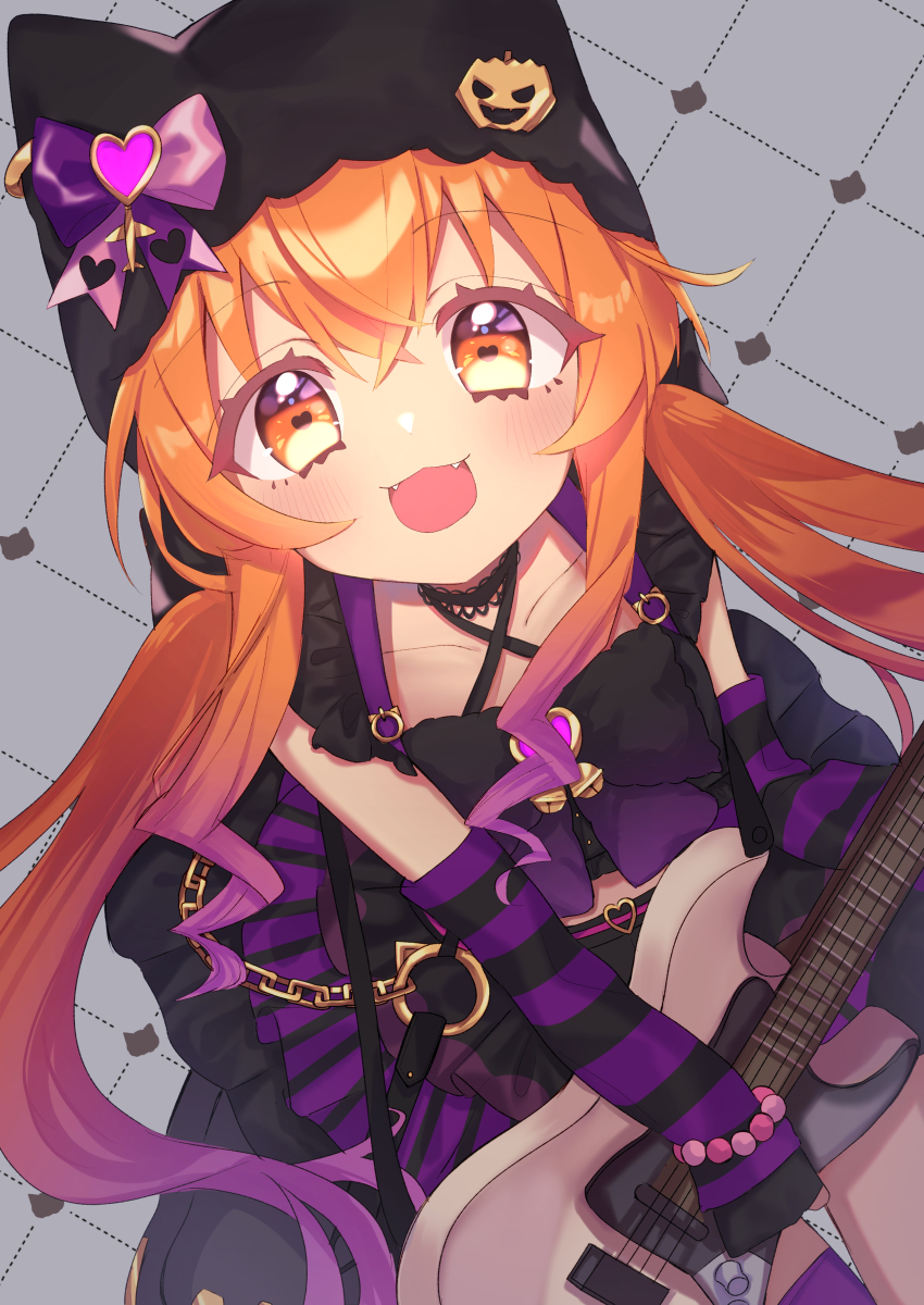 1girl absurdres arm_warmers blush breasts collarbone commentary_request electric_guitar fangs grey_background guitar hair_between_eyes hair_ornament hat highres horse_girl instrument kumeuma long_hair low_twintails mayano_top_gun_(rockin'_mewmeow)_(umamusume) mayano_top_gun_(umamusume) official_alternate_costume official_alternate_hair_color official_alternate_hairstyle open_mouth orange_eyes ribbon small_breasts solo thighhighs twintails umamusume
