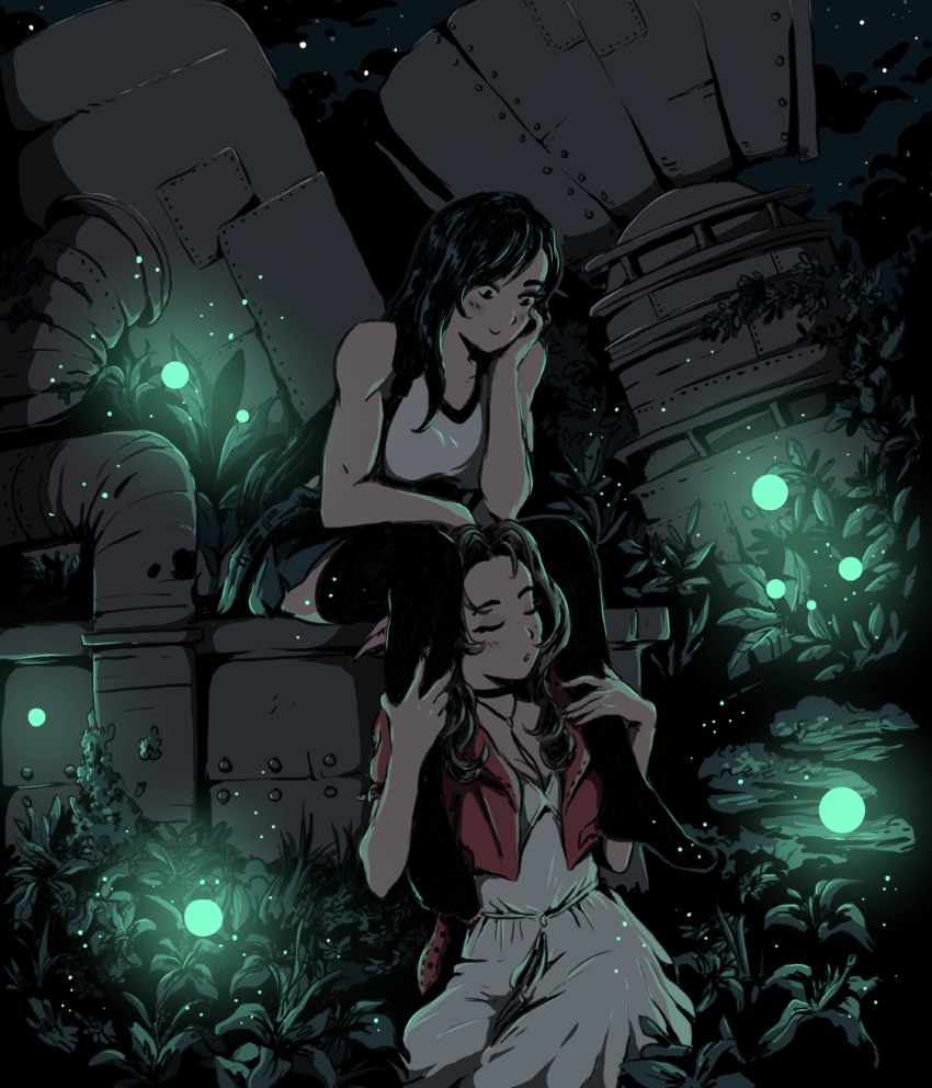 2girls aerith_gainsborough arm_support black_hair black_skirt black_thighhighs brown_hair chlowski commentary crop_top cropped_jacket dark dress english_commentary final_fantasy final_fantasy_vii final_fantasy_vii_remake glowing glowing_plants head_between_thighs highres industrial_pipe jacket multiple_girls red_jacket shirt sitting skirt smile thighhighs tifa_lockhart white_dress white_shirt yuri