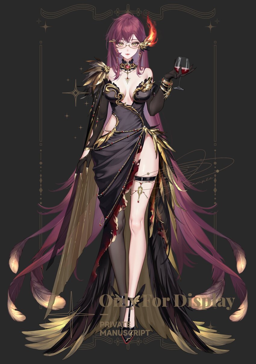 1girl absurdly_long_hair absurdres alcohol animated arm_cutout asymmetrical_gloves bare_legs belt black-framed_eyewear black_background black_belt black_collar black_dress black_shoes bracelet breasts center_opening choker closed_mouth clothing_cutout collar commentary commission crossed_bangs cup detached_collar diamond_cutout dress drink drinking_glass expressionless eyelashes feather-trimmed_dress feather_hair feather_hair_ornament feathers fingerless_gloves fire full_body glasses gloves gold_bracelet gold_choker hair_between_eyes hair_ornament hashtag-only_commentary high_heels highres holding holding_drink jewelry knees large_breasts lipstick live2d long_dress long_hair looking_at_viewer makeup mismatched_gloves original picture_frame purple_hair red_lips sample_watermark shanwenyufan shoes side_slit sidelocks simple_background single_bare_shoulder single_fingerless_glove solo sparkle standing straight-on strapless strapless_dress thigh_belt thigh_strap two-sided_dress two-sided_fabric very_long_hair virtual_youtuber watermark wavy_hair wine wine_glass yellow_dress yellow_eyes