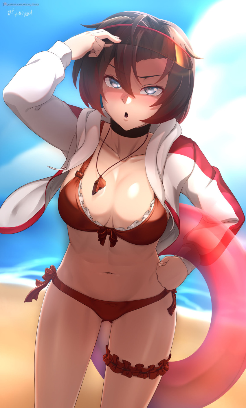 1girl :o abs arm_up beach bikini black_choker blue_sky blurry blurry_background breasts choker cleavage clenched_hand cloud cloudy_sky commentary cowboy_shot day english_commentary eyewear_on_head frilled_bikini frills front-tie_bikini_top front-tie_top grey_eyes hair_between_eyes hand_on_own_hip highres holding holding_swim_ring innertube jacket long_sleeves looking_at_viewer multicolored_jacket navel open_clothes open_jacket open_mouth outdoors paid_reward_available patreon_logo patreon_username red-framed_eyewear red_bikini red_jacket ruby_rose rwby side-tie_bikini_bottom signature sky solo standing sunglasses swim_ring swimsuit thigh_scrunchie two-tone_jacket variant_set vilde_loh_hocen watermark web_address whistle whistle_around_neck white_jacket