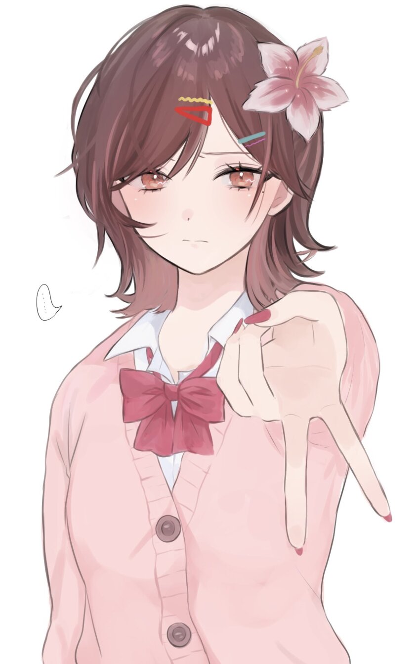 ... 1girl blush bow bowtie brown_hair cardigan commentary_request fingernails flower foreshortening gyaru_v hair_flower hair_ornament highres higuchi_madoka idolmaster idolmaster_shiny_colors looking_at_viewer mole mole_under_eye nail_polish nikupara22 pink_cardigan red_bow red_bowtie shirt simple_background solo spoken_ellipsis upper_body v white_background white_shirt