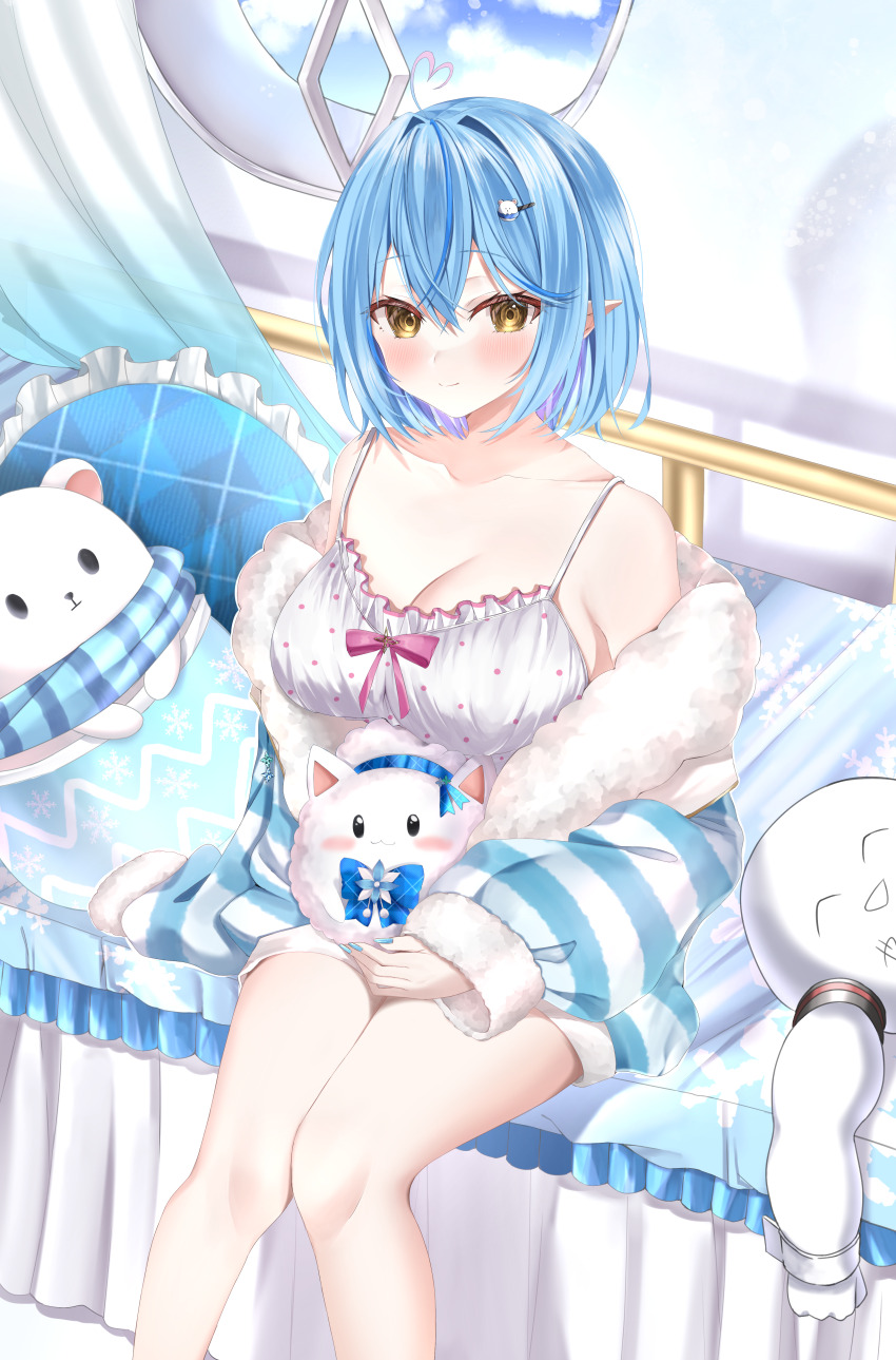 1girl absurdres ahoge aqua_jacket aqua_nails bare_shoulders blue_hair blush breasts camisole cleavage closed_mouth collarbone commentary_request daifuku_(yukihana_lamy) elf feet_out_of_frame fingernails fluffy_clothes fur-trimmed_jacket fur-trimmed_sleeves fur_trim hair_between_eyes hair_ornament heart heart_ahoge highres hololive indoors jacket knees_together_feet_apart large_breasts long_hair mint_mia nail_polish official_alternate_costume official_alternate_hair_length official_alternate_hairstyle pink_nails pointy_ears polka_dot polka_dot_camisole polka_dot_skirt short_hair sitting skirt sleepwear solo virtual_youtuber white_camisole white_skirt yellow_eyes yukihana_lamy yukihana_lamy_(roomwear) yukimin_(yukihana_lamy)